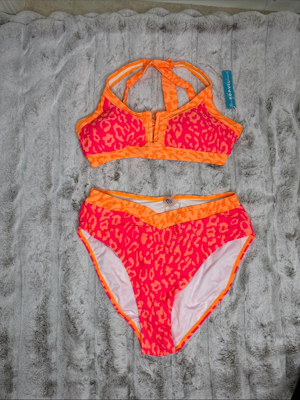 Neon Pink & Orange V‑Neck High Waist Bikini - Picture 4 of 8